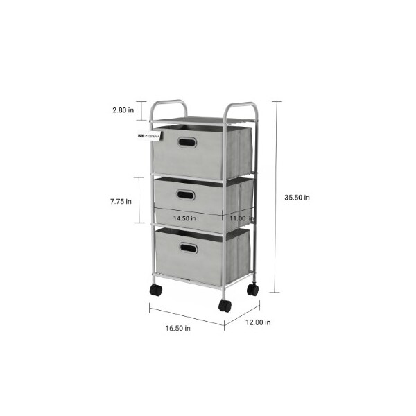 Hastings Home 3 Drawer Rolling Storage Cart on Wheels, Portable Metal Organizer with Fabric Bins for Home, Office - 526890ZEZ