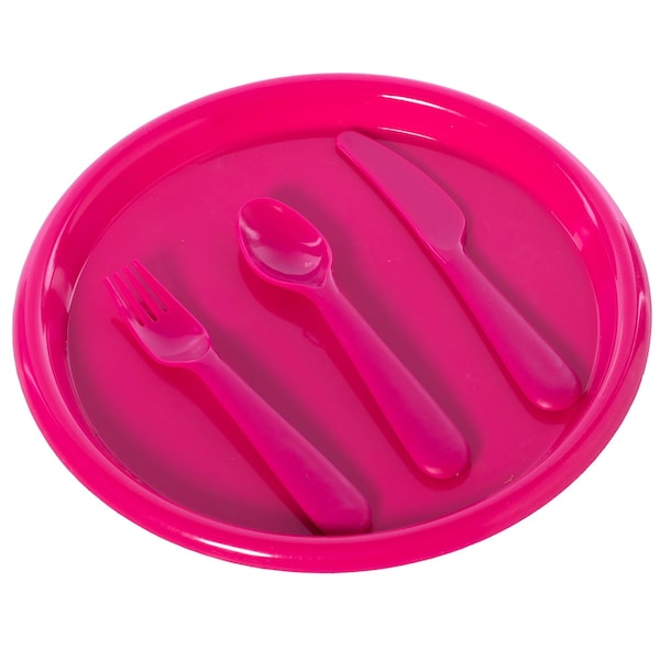 Basicwise Reusable Cutlery Set of 4 Plastic Plates, Spoons, Forks and Knives for Baby and Toddlers, Pink - QI003831.RD