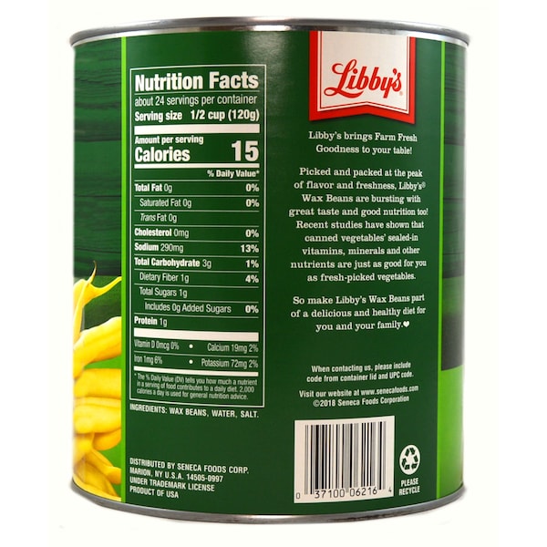 Libby Bean Libby Fancy Wax Cut 4 Sieve 101 oz., PK6 - F003710096216

Frijoles Libby Libby Fancy Wax Cortados por Cernedor 4, 101 oz., Paquete de 6 - F003710096216