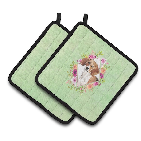 Carolines Treasures 7.5 x 7.5 in. Beagle Green Flowers Pair of Pot Holders - CK4425PTHD