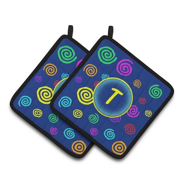 Carolines Treasures Letter T Initial Monogram - Blue Swirls Pair of Pot Holders, 7.5 x 3 x 7.5 in. - CJ1011-TPTHD