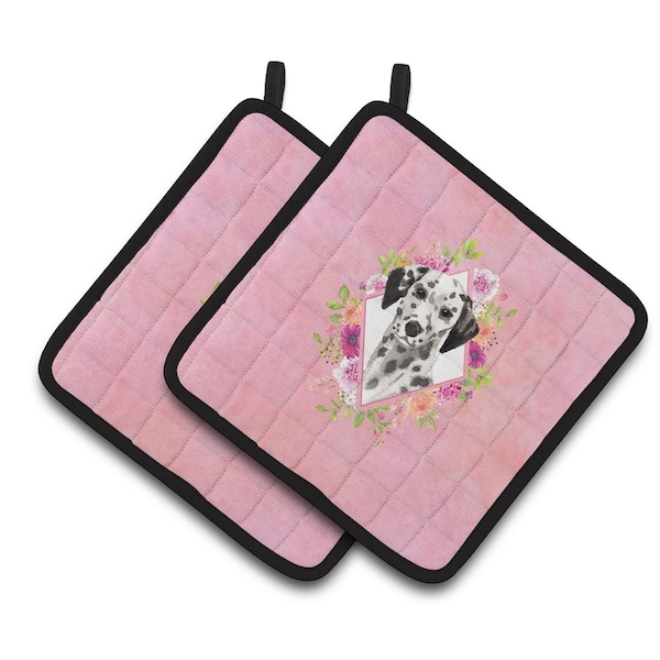 Carolines Treasures 7.5 x 7.5 in. Dalmatian Pink Flowers Pair of Pot Holders - CK4242PTHD