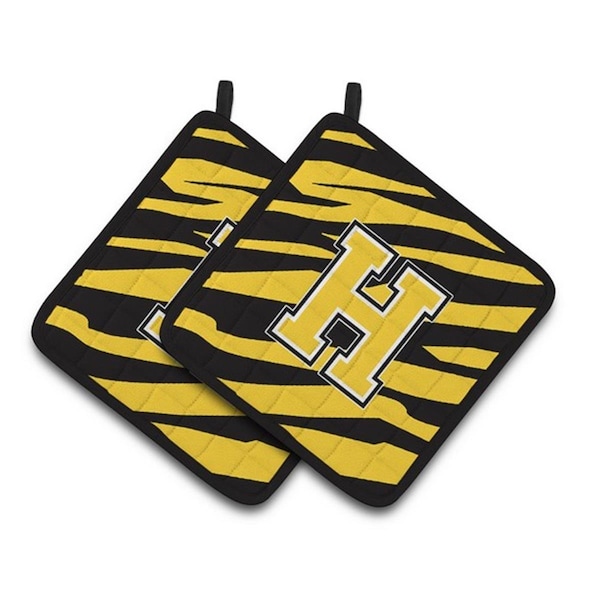 Carolines Treasures Monogram Initial H Tiger Stripe - Black Gold Pair of Pot Holders, 7.5 x 3 x 7.5 in. - CJ1026-HPTHD