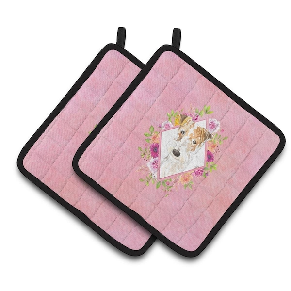 Carolines Treasures 7.5 x 7.5 in. Fox Terrier Pink Flowers Pair of Pot Holders - CK4199PTHD