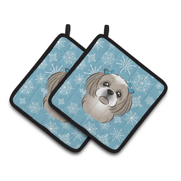 Carolines Treasures Snowflake Gray Silver Shih Tzu Pair of Pot Holders, 7.5 x 3 x 7.5 in. - BB1684PTHD