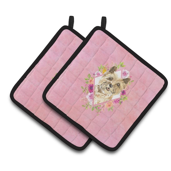 Carolines Treasures 7.5 x 7.5 in. Cairn Terrier Pink Flowers Pair of Pot Holders - CK4250PTHD