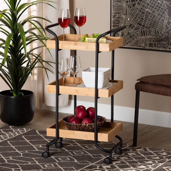 Baxton Studio Baxter Modern & Contemporary Oak Brown Finished Wood and Black Metal 3-Tier Mobile Kitchen Cart - 207-12098