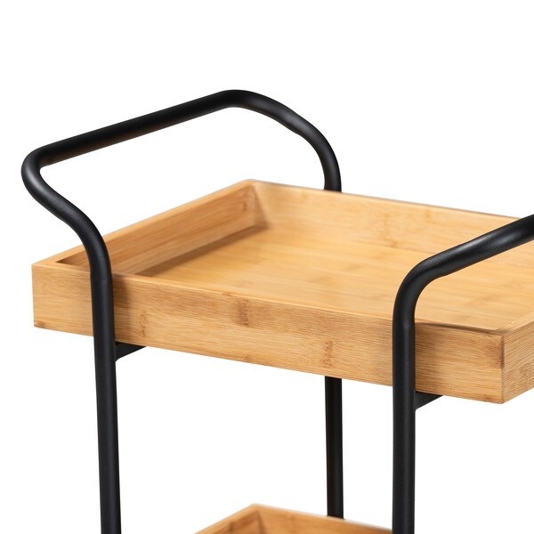 Baxton Studio Baxter Modern & Contemporary Oak Brown Finished Wood and Black Metal 3-Tier Mobile Kitchen Cart - 207-12098