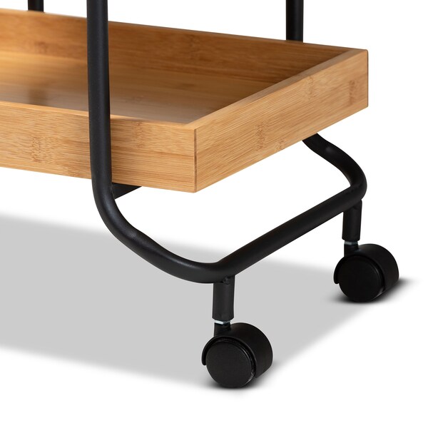 Baxton Studio Baxter Modern & Contemporary Oak Brown Finished Wood and Black Metal 3-Tier Mobile Kitchen Cart - 207-12098