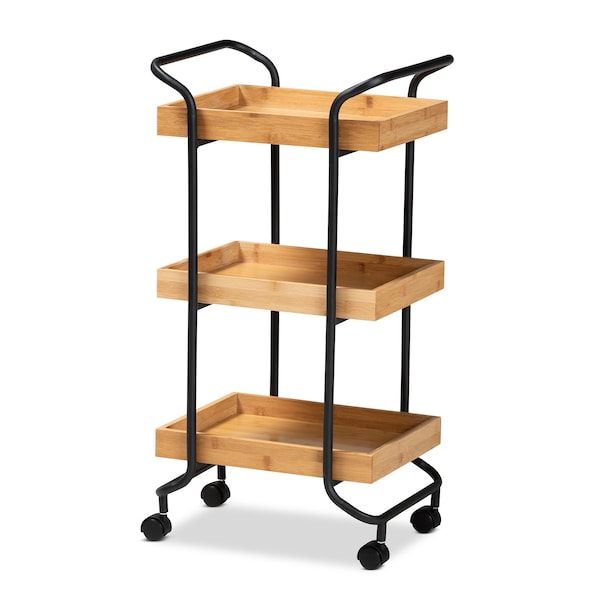 Baxton Studio Baxter Modern & Contemporary Oak Brown Finished Wood and Black Metal 3-Tier Mobile Kitchen Cart - 207-12098