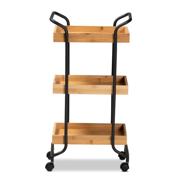 Baxton Studio Baxter Modern & Contemporary Oak Brown Finished Wood and Black Metal 3-Tier Mobile Kitchen Cart - 207-12098