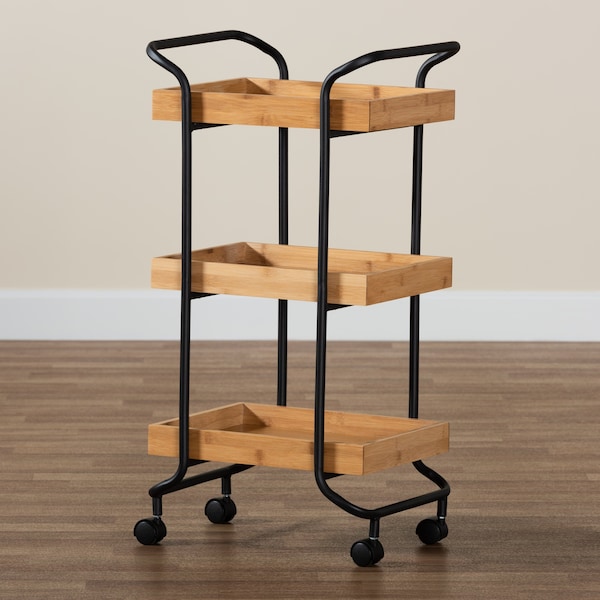 Baxton Studio Baxter Modern & Contemporary Oak Brown Finished Wood and Black Metal 3-Tier Mobile Kitchen Cart - 207-12098
