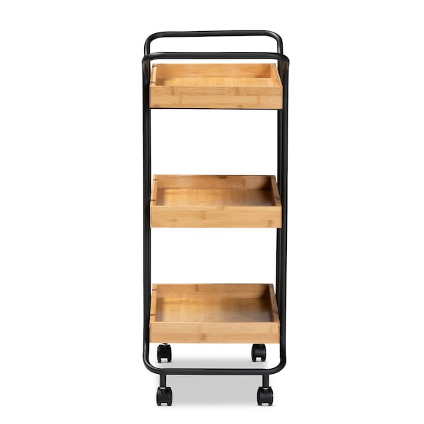 Baxton Studio Baxter Modern & Contemporary Oak Brown Finished Wood and Black Metal 3-Tier Mobile Kitchen Cart - 207-12098