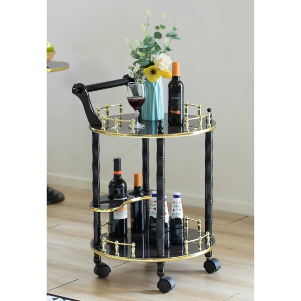 Fabulaxe Round Wood Serving Bar Cart Tea Trolley with 2 Tier Shelves and Rolling Wheels, Gold and Brown - QI003779.BN