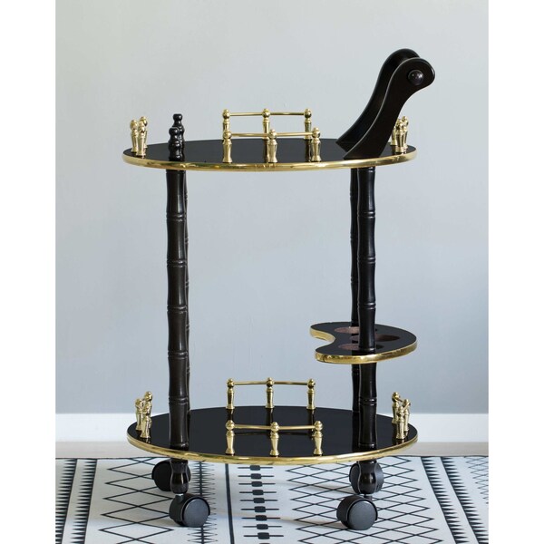 Fabulaxe Round Wood Serving Bar Cart Tea Trolley with 2 Tier Shelves and Rolling Wheels, Gold and Brown - QI003779.BN