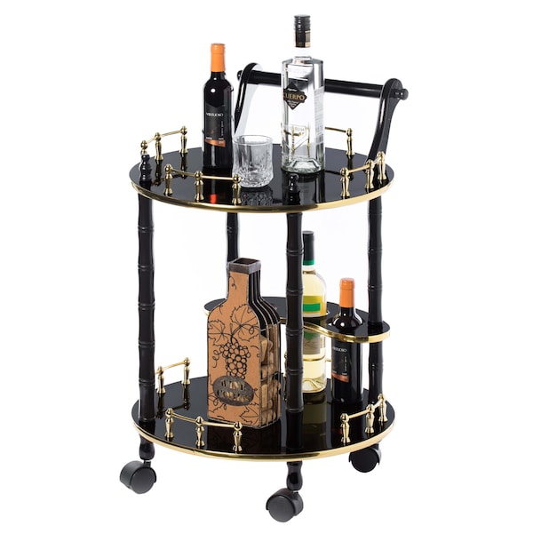 Fabulaxe Round Wood Serving Bar Cart Tea Trolley with 2 Tier Shelves and Rolling Wheels, Gold and Brown - QI003779.BN