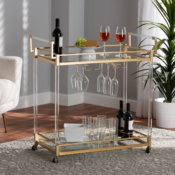 Baxton Studio Savannah Contemporary Glam and Luxe Gold Metal and Glass Wine Cart - 220-12524-ZORO