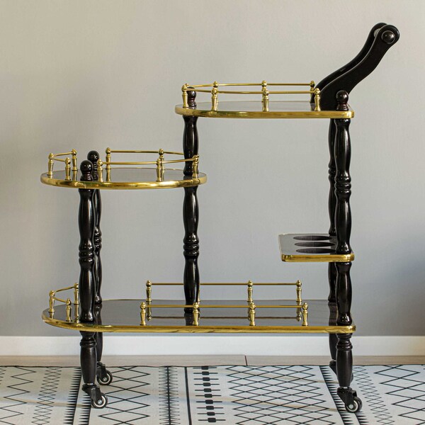 Fabulaxe Wood Serving Bar Cart Tea Trolley with 3 Tier Shelves and Rolling Wheels, Gold and Brown - QI003775.BN