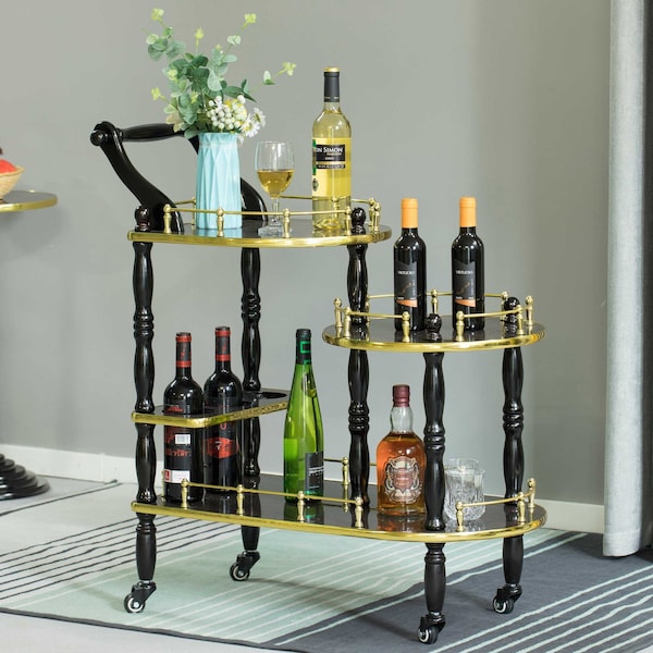 Fabulaxe Wood Serving Bar Cart Tea Trolley with 3 Tier Shelves and Rolling Wheels, Gold and Brown - QI003775.BN