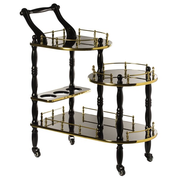 Fabulaxe Wood Serving Bar Cart Tea Trolley with 3 Tier Shelves and Rolling Wheels, Gold and Brown - QI003775.BN