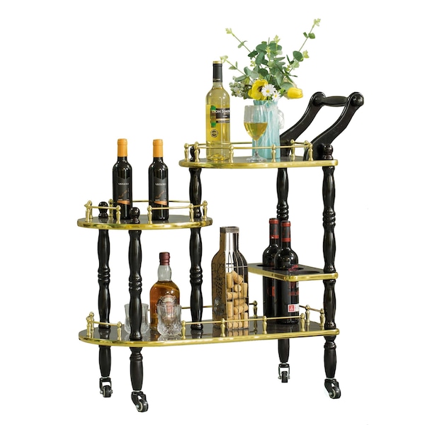 Fabulaxe Wood Serving Bar Cart Tea Trolley with 3 Tier Shelves and Rolling Wheels, Gold and Brown - QI003775.BN