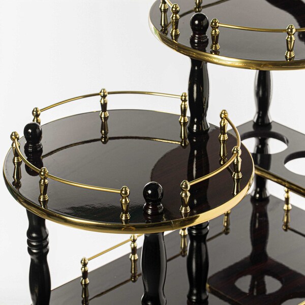 Fabulaxe Wood Serving Bar Cart Tea Trolley with 3 Tier Shelves and Rolling Wheels, Gold and Brown - QI003775.BN