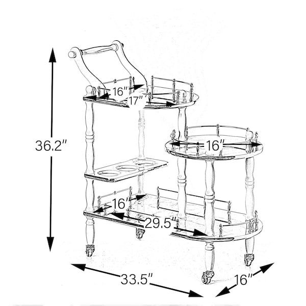 Fabulaxe Wood Serving Bar Cart Tea Trolley with 3 Tier Shelves and Rolling Wheels, Gold and Brown - QI003775.BN