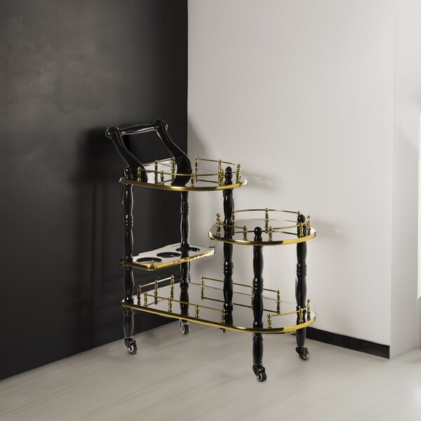 Fabulaxe Wood Serving Bar Cart Tea Trolley with 3 Tier Shelves and Rolling Wheels, Gold and Brown - QI003775.BN