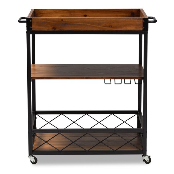 Baxton Studio Capri Oak and Black Mobile Metal Bar Cart with Stemware Rack - 153-9040