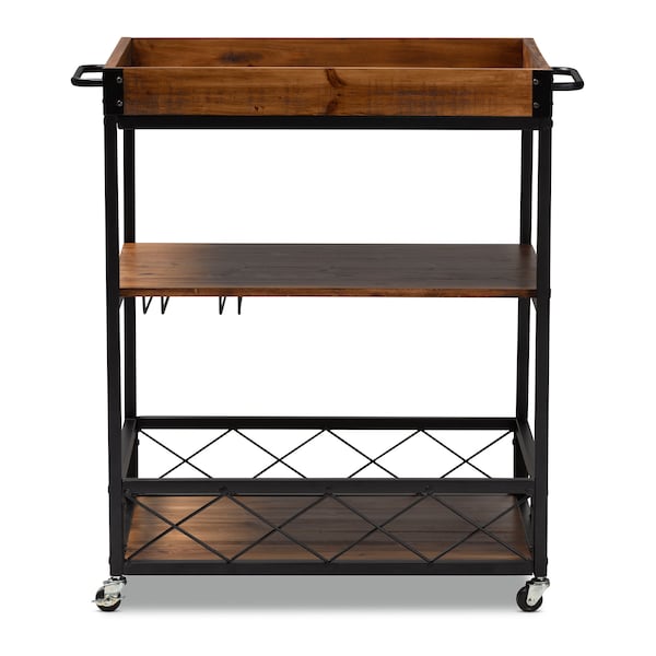 Baxton Studio Capri Oak and Black Mobile Metal Bar Cart with Stemware Rack - 153-9040