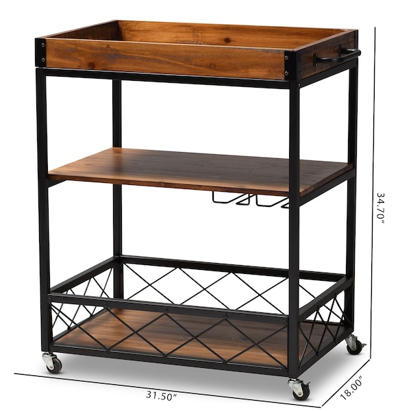 Baxton Studio Capri Oak and Black Mobile Metal Bar Cart with Stemware Rack - 153-9040