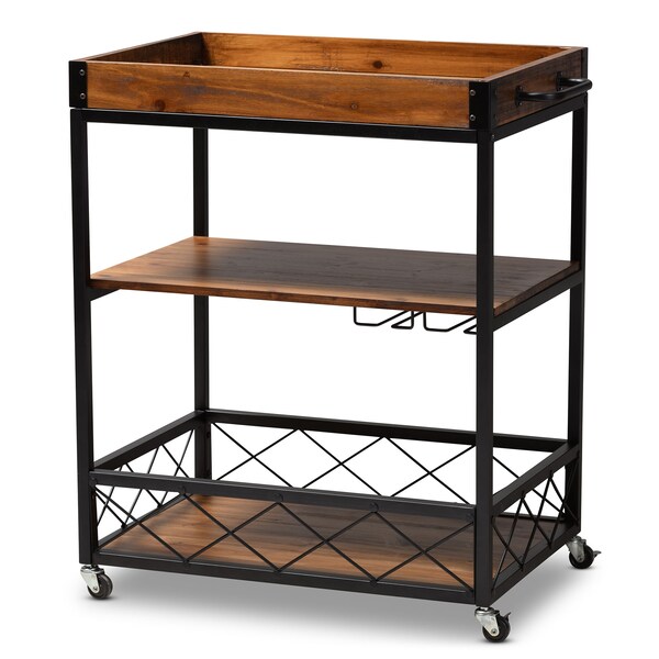 Baxton Studio Capri Oak and Black Mobile Metal Bar Cart with Stemware Rack - 153-9040