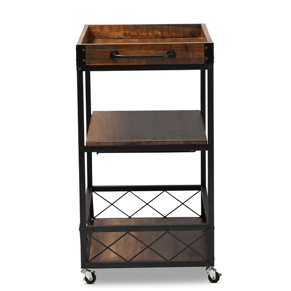 Baxton Studio Capri Oak and Black Mobile Metal Bar Cart with Stemware Rack - 153-9040