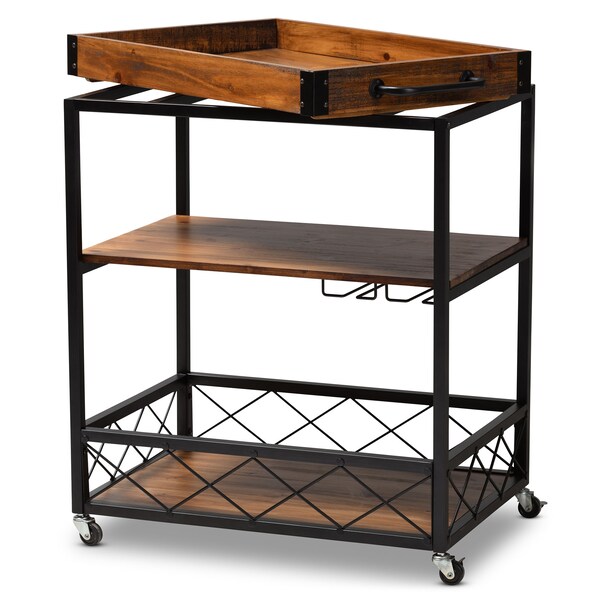 Baxton Studio Capri Oak and Black Mobile Metal Bar Cart with Stemware Rack - 153-9040