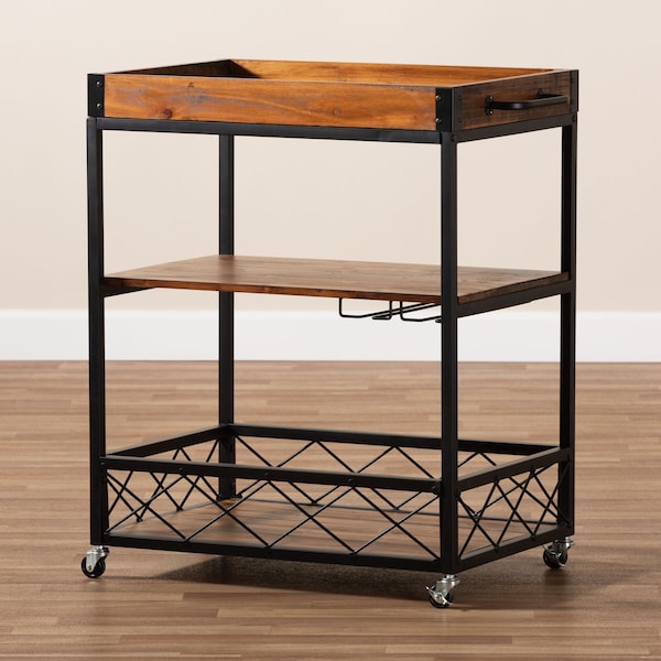 Baxton Studio Capri Oak and Black Mobile Metal Bar Cart with Stemware Rack - 153-9040