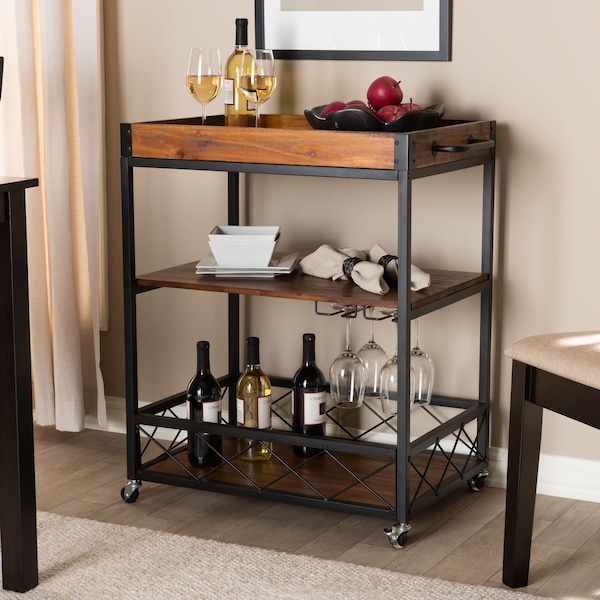Baxton Studio Capri Oak and Black Mobile Metal Bar Cart with Stemware Rack - 153-9040