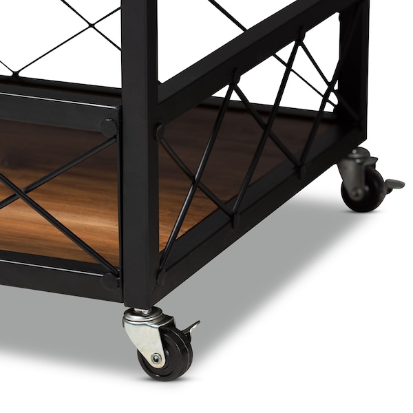 Baxton Studio Capri Oak and Black Mobile Metal Bar Cart with Stemware Rack - 153-9040
