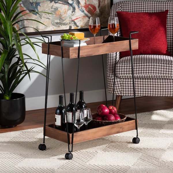 Baxton Studio Reynard Modern and Industrial Walnut Brown Finished Wood and Black Metal 2-Tier Wine Cart - 199-12179-ZORO