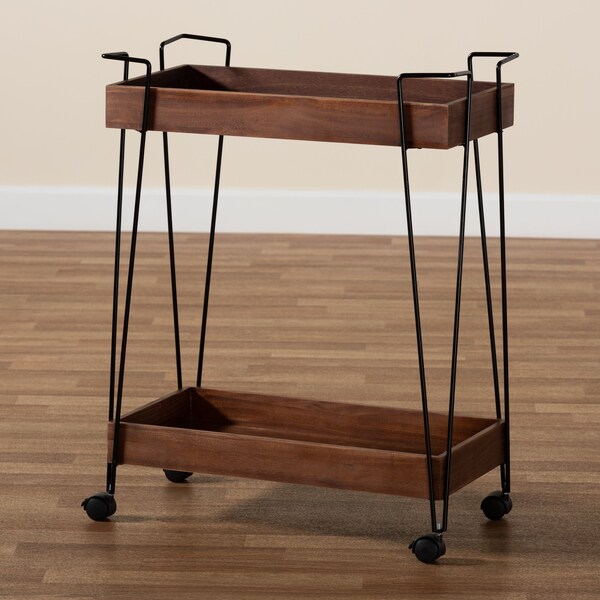 Baxton Studio Reynard Modern and Industrial Walnut Brown Finished Wood and Black Metal 2-Tier Wine Cart - 199-12179-ZORO
