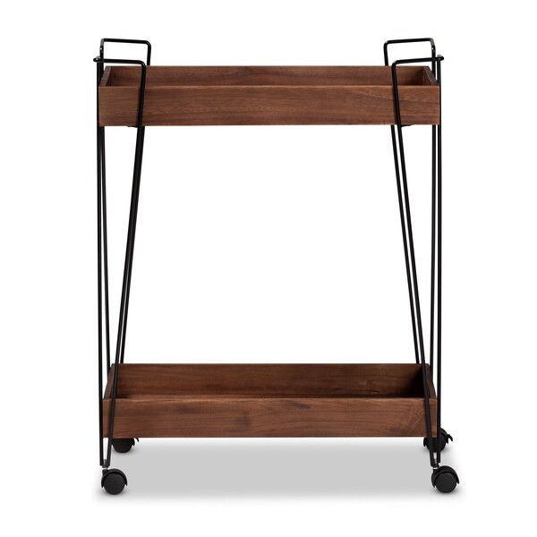 Baxton Studio Reynard Modern and Industrial Walnut Brown Finished Wood and Black Metal 2-Tier Wine Cart - 199-12179-ZORO
