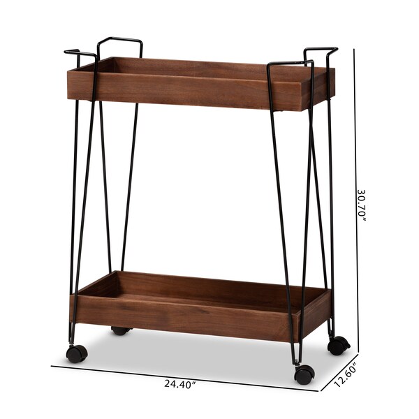 Baxton Studio Reynard Modern and Industrial Walnut Brown Finished Wood and Black Metal 2-Tier Wine Cart - 199-12179-ZORO