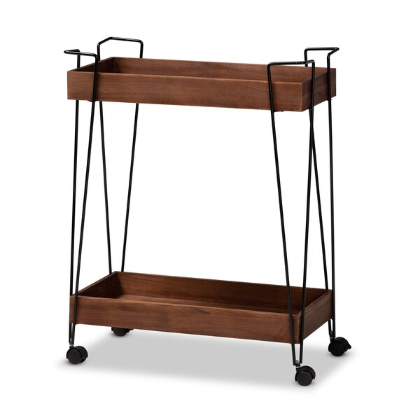 Baxton Studio Reynard Modern and Industrial Walnut Brown Finished Wood and Black Metal 2-Tier Wine Cart - 199-12179-ZORO