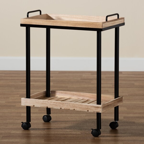 Baxton Studio Olinda ModernOak Brown Finished Wood and Black Metal Kitchen Cart - 200-12177-ZORO