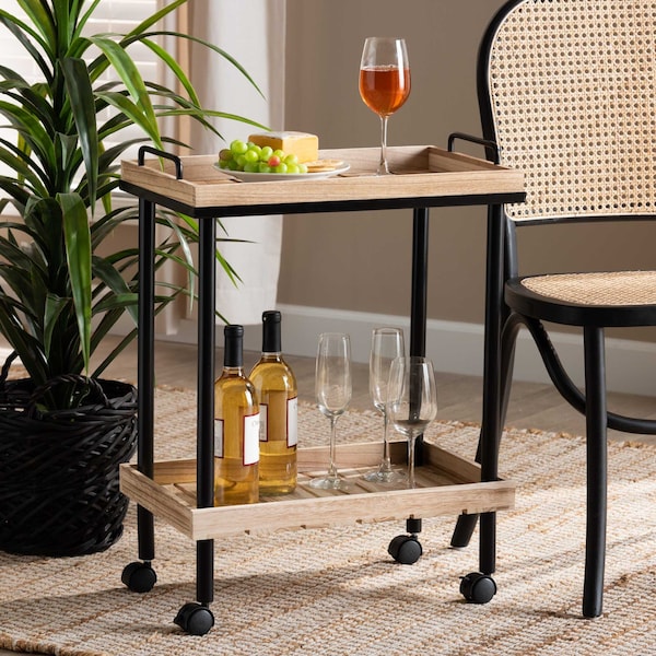 Baxton Studio Olinda ModernOak Brown Finished Wood and Black Metal Kitchen Cart - 200-12177-ZORO