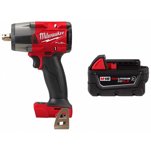 Milwaukee Tool Impact Wrench and Battery (5.0 Ah), Drive Size 1/2 in Square, 18 V - 2962P-20, 48-11-1850R