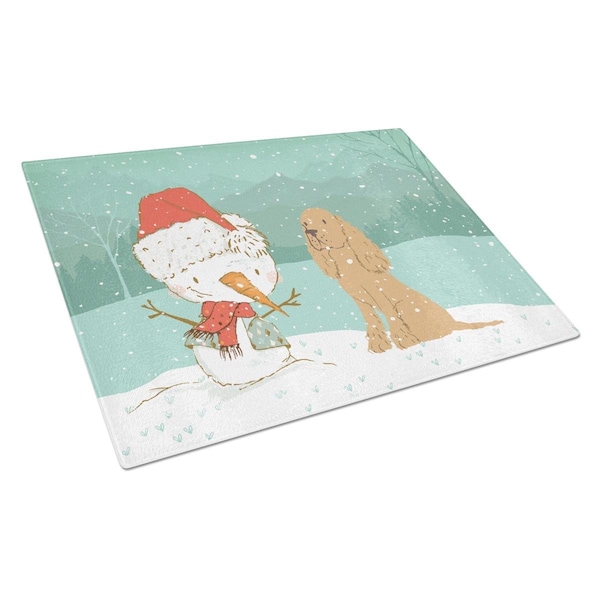 Carolines Treasures Tan Spaniel Snowman Christmas Glass Cutting Board Large - CK2071LCB
