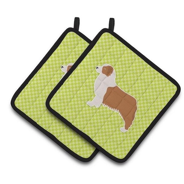 Carolines Treasures Carolines Treasures BB3833PTHD Australian Shepherd Dog Checkerboard Green Pair of Pot Holders - BB3833PTHD