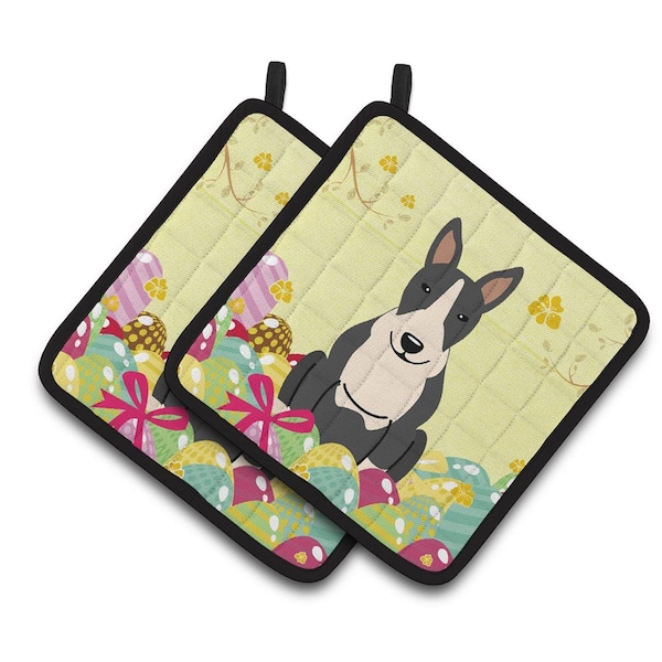 Carolines Treasures Easter Eggs Bull Terrier Black & White Pair of Pot Holders - BB6133PTHD