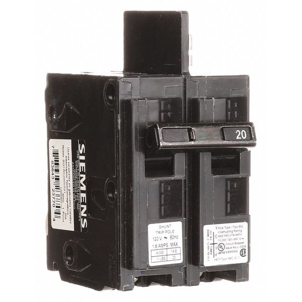 Siemens Miniature Circuit Breaker, BQ Series, 20A, 1 Pole, 120V AC, 10kA at 120V AC - BQ1B02000S01