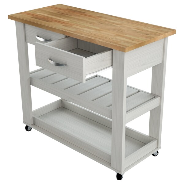 Inval Kitchen Cart in Washed Oak with Teak top 46.8 in. W x 33.8 in. H x 19.7 in. W - CR-2007